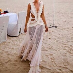 PatBO Fringe and Mesh Cutout Maxi Dress in Wheat size medium